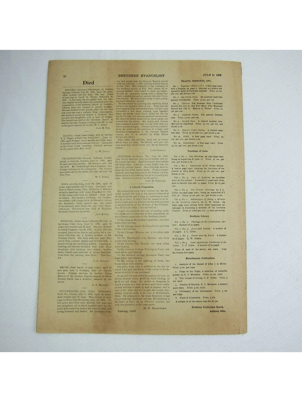 Brethren Evangelist Christian Newspaper Ashland Ohio Antique July 23rd 1902 RARE